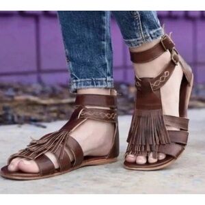Bed Stu Alena Brown Leather Fringe Flat Gladiator Sandals